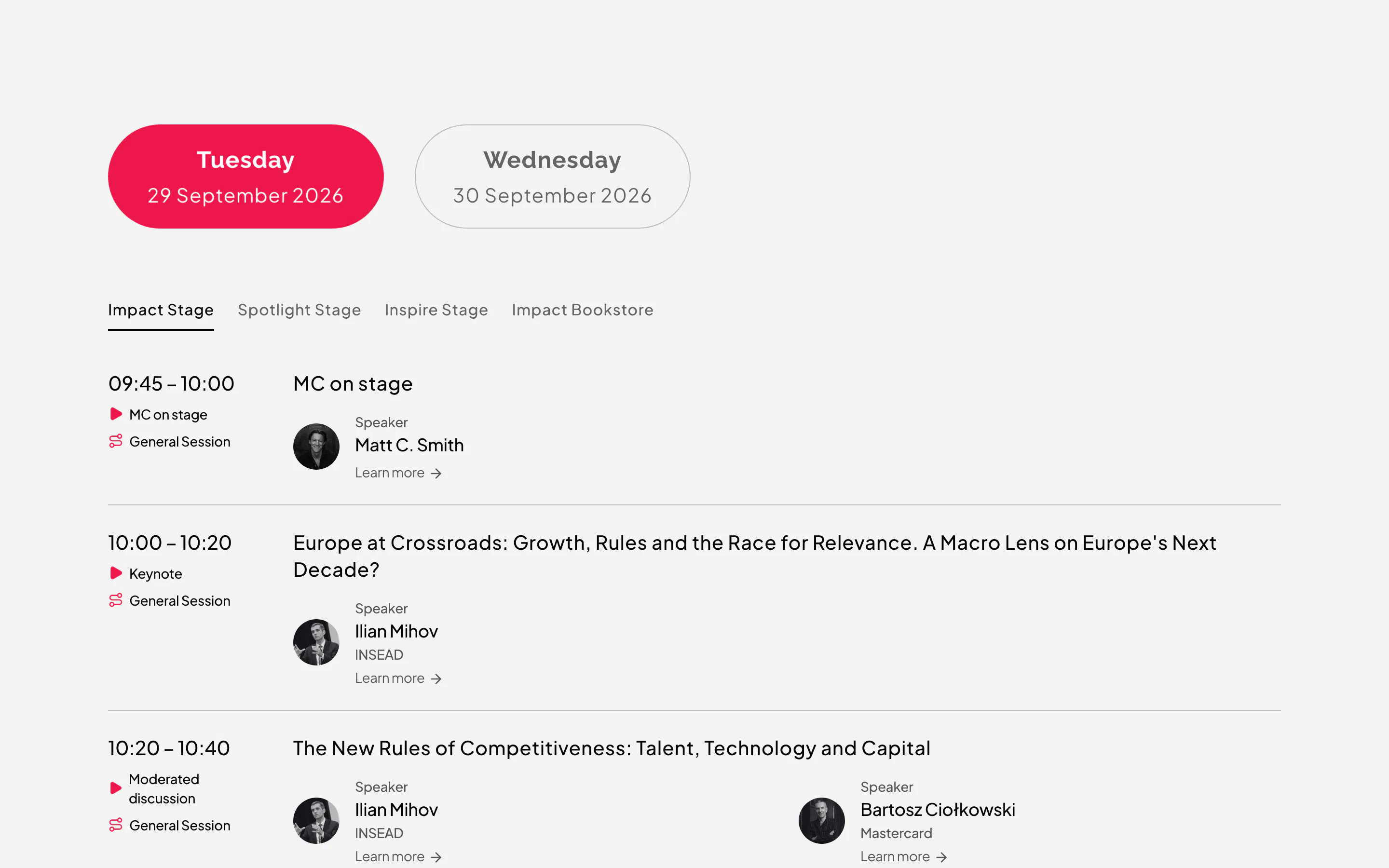 Agenda Impact SEE z wyborem dnia, sceny i sesji
